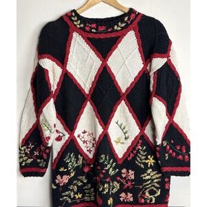 Vtg 90s Cullinane‎ Hand Knit Sweater Floral Argyle 3D Womens Small Cottagecore